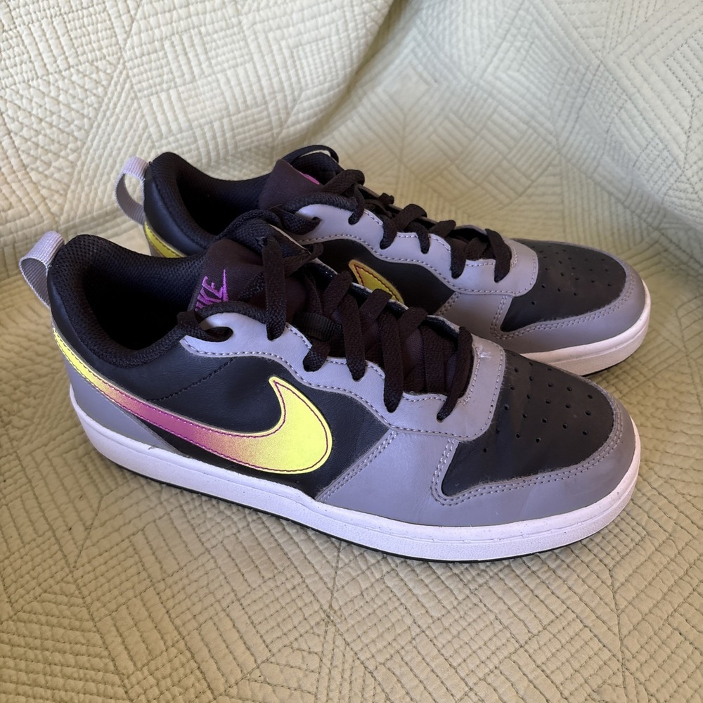 Nike Court Borough Low 2 Kids 5Y Gray Black Neon Swoosh Sneakers IO6965-001